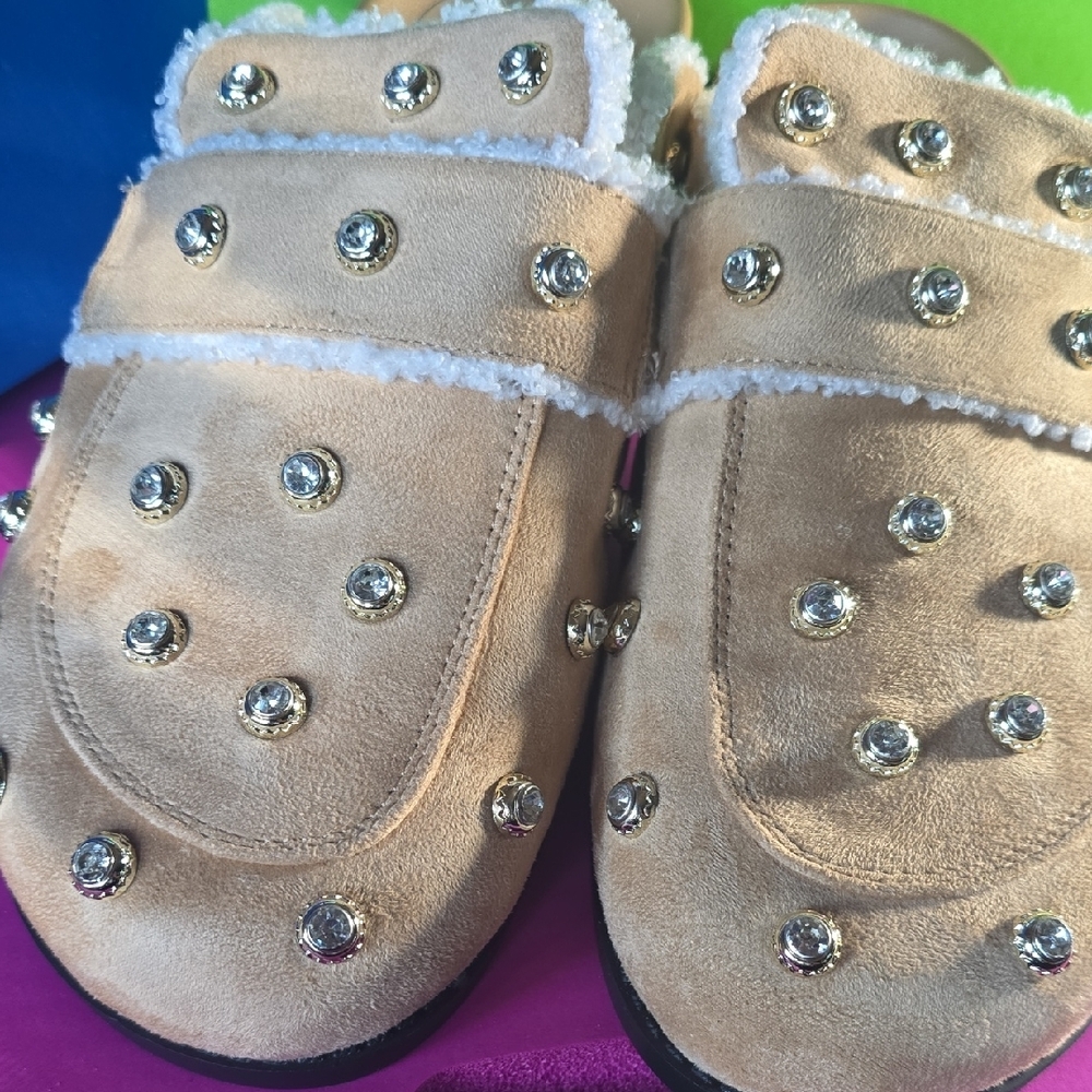Studded Suede Shearling-Trim Mule Clogs worn once around the house - Picture 5 of 15